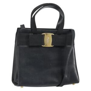 Salvatore Ferragamo Vala Hand Bag Leather 2way Black Gold Auth 161693